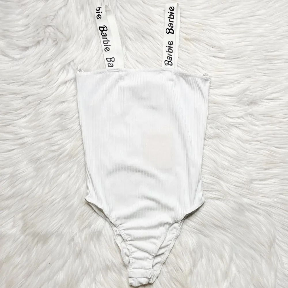 Missguided x Barbie Strapped Straight Neck Ribbed Bodysuit White & Black Size 2